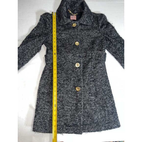 Juicy Couture Coat Size 4 Black 100% Wool Tweed Mid-Length Gold Buttons Classic - Picture 6 of 16